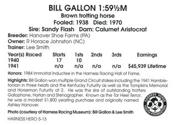 2013 Harness Heroes #5 Bill Gallon Back